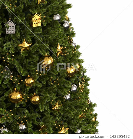 Christmas tree with decorations, isolated on white background, 3D illustration, cg render Christmas tree with decorations, isolated on white background, 3D illustration, cg render 142895422