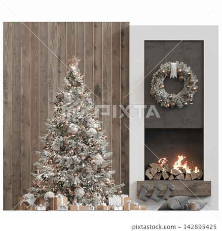 Christmas tree with decorations, isolated on white background, 3D illustration, cg render 142895425
