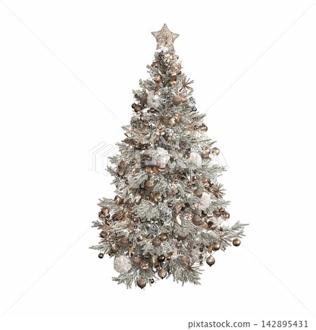 Christmas tree with decorations, isolated on white background, 3D illustration, cg render Christmas tree with decorations, isolated on white background, 3D illustration, cg render 142895431
