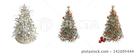 Christmas tree with decorations, isolated on white background, 3D illustration, cg render Christmas tree with decorations, isolated on white background, 3D illustration, cg render 142895444