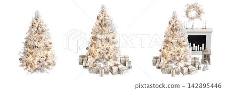 Christmas tree with decorations, isolated on white background, 3D illustration, cg render 142895446