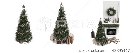 Christmas tree with decorations, isolated on white background, 3D illustration, cg render Christmas tree with decorations, isolated on white background, 3D illustration, cg render 142895447