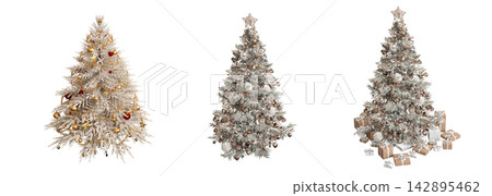 Christmas tree with decorations, isolated on white background, 3D illustration, cg render 142895462