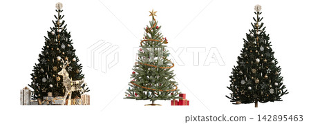 Christmas tree with decorations, isolated on white background, 3D illustration, cg render Christmas tree with decorations, isolated on white background, 3D illustration, cg render 142895463