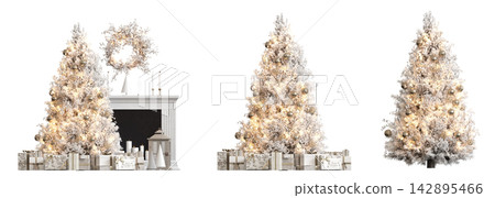 Christmas tree with decorations, isolated on white background, 3D illustration, cg render Christmas tree with decorations, isolated on white background, 3D illustration, cg render 142895466