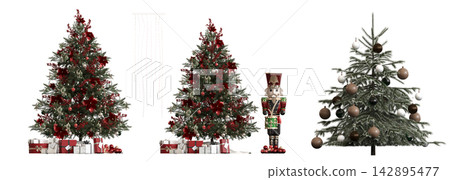 Christmas tree with decorations, isolated on white background, 3D illustration, cg render Christmas tree with decorations, isolated on white background, 3D illustration, cg render 142895477