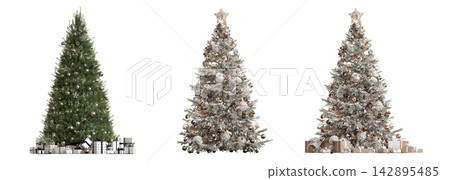Christmas tree with decorations, isolated on white background, 3D illustration, cg render Christmas tree with decorations, isolated on white background, 3D illustration, cg render 142895485