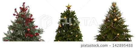 Christmas tree with decorations, isolated on white background, 3D illustration, cg render Christmas tree with decorations, isolated on white background, 3D illustration, cg render 142895488
