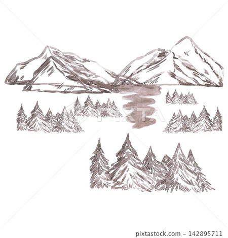 Hand drawn black ink mountains and forest composition. Illustration isolated on white background. Can be used for postcard, label, scrapbook and other printed products Hand drawn black ink mountains and forest composition. Illustration isolated on white background. Can be used for postcard, label, scrapbook and other printed products 142895711