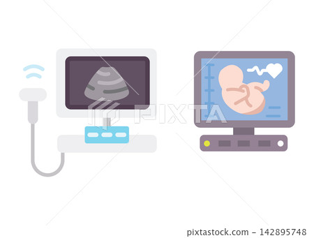 Medical Ultrasound Machine and Fetal Heartbeat Monitor Vector Illustration Set 142895748