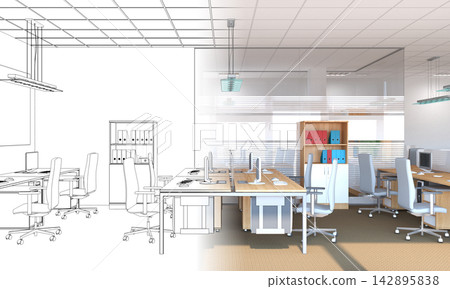 office, interior visualization, 3D illustration office, interior visualization, 3D illustration 142895838