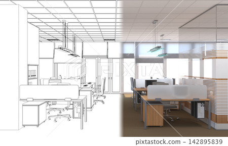 office, interior visualization, 3D illustration office, interior visualization, 3D illustration 142895839