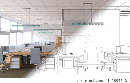 office, interior visualization, 3D illustration office, interior visualization, 3D illustration 142895840