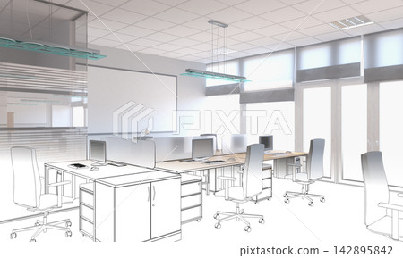 office, interior visualization, 3D illustration office, interior visualization, 3D illustration 142895842