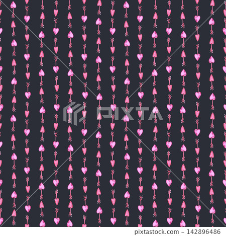 Hand drawn watercolor St. Valentine pink and red arrows seamless pattern. Illustration isolated on dark background. Can be used for textile, fabric scrapbook and other printed products Hand drawn watercolor St. Valentine pink and red arrows seamless pattern. Illustration isolated on dark background. Can be used for textile, fabric scrapbook and other printed products 142896486