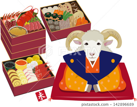 Sheep and New Year's dishes in a red bento box Sheep and New Year's dishes in a red bento box 142896689