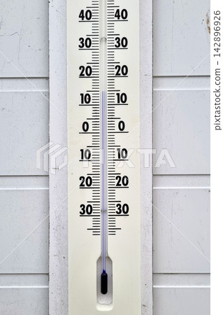 Outdoor Thermometer on White Wall Displaying Celsius Temperature for Climate Monitoring 142896926