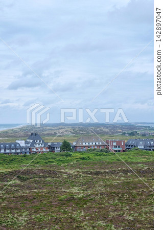 Tranquil Coastal Village Landscape Overlooking the Sea on a Cloudy Day 142897047
