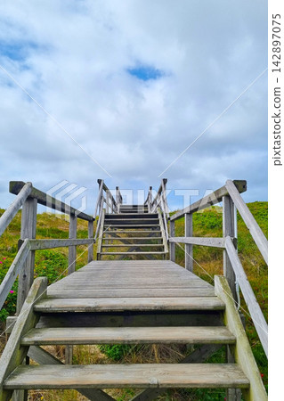 Coastal Wooden Staircase Leading to Scenic Hilltop Under Cloudy Sky Coastal Wooden Staircase Leading to Scenic Hilltop Under Cloudy Sky 142897075
