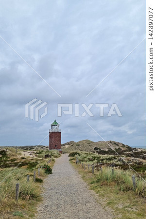 Scenic Coastal Pathway Leading to Historic Lighthouse Under Overcast Sky Scenic Coastal Pathway Leading to Historic Lighthouse Under Overcast Sky 142897077