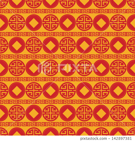 Traditional Chinese gold and red seamless pattern featuring Lu prosperity symbols, coins and borders 142897381