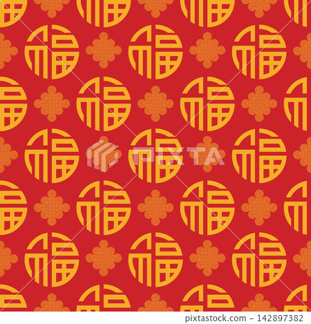 Traditional Chinese red and gold seamless background with golden Fu fortune symbol and eternal knots Traditional Chinese red and gold seamless background with golden Fu fortune symbol and eternal knots 142897382