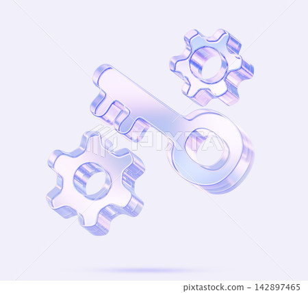 3d glass holographic key and gears icon on light render background. Concept of access, security, solution, settings, system configuration, integration and technology optimization. 3D illustration 3d glass holographic key and gears icon on light render background. Concept of access, security, solution, settings, system configuration, integration and technology optimization. 3D illustration 142897465