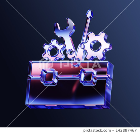 Glass tool box 3d icon with glossy neon blue glow on dark background. Open holographic toolbox full of equipment - wrench, screwdriver and gears. Repair service and technical support. 3D illustration Glass tool box 3d icon with glossy neon blue glow on dark background. Open holographic toolbox full of equipment - wrench, screwdriver and gears. Repair service and technical support. 3D illustration 142897467