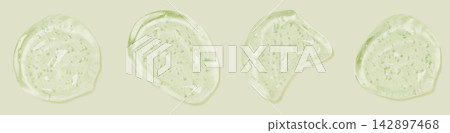 Transparent green cosmetic gel smears set with bubbles on pastel 3d background. Collagen peptide serum, aloe vera drops, essence or lotion texture. Skincare product swatches top view. 3D illustration Transparent green cosmetic gel smears set with bubbles on pastel 3d background. Collagen peptide serum, aloe vera drops, essence or lotion texture. Skincare product swatches top view. 3D illustration 142897468