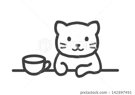 A simple line drawing illustration of a cat relaxing with a coffee cup. A simple line drawing illustration of a cat relaxing with a coffee cup. 142897491