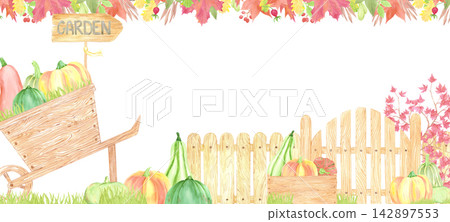Hand drawn watercolor harvest garden banner border. Autumn illustration isolated on white background. Can be used for thanksgiving banner, card or autumn design. Hand drawn watercolor harvest garden banner border. Autumn illustration isolated on white background. Can be used for thanksgiving banner, card or autumn design. 142897553