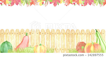 Hand drawn watercolor harvest garden seamless frame border. Autumn illustration isolated on white background. Can be used for textile, fabric and thanksgiving or autumn design. Hand drawn watercolor harvest garden seamless frame border. Autumn illustration isolated on white background. Can be used for textile, fabric and thanksgiving or autumn design. 142897555