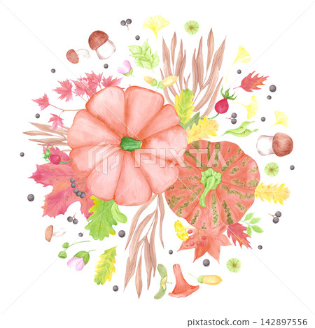 Hand drawn watercolor autumn label frame border, illustration of pumpkins and mushrooms isolated on white background. Can be used for textile, card and thanksgiving or autumn design. Hand drawn watercolor autumn label frame border, illustration of pumpkins and mushrooms isolated on white background. Can be used for textile, card and thanksgiving or autumn design. 142897556