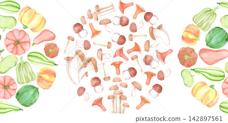 Hand drawn watercolor autumn labels seamless frame border, illustration of pumpkins and mushrooms isolated on white background. Can be used for textile, wrapping, tape and thanksgiving or autumn Hand drawn watercolor autumn labels seamless frame border, illustration of pumpkins and mushrooms isolated on white background. Can be used for textile, wrapping, tape and thanksgiving or autumn 142897561