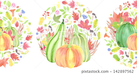 Hand drawn watercolor autumn labels seamless frame border, illustration of pumpkins, leaves and mushrooms isolated on white background. Can be used for textile, wrapping, tape and thanksgiving or Hand drawn watercolor autumn labels seamless frame border, illustration of pumpkins, leaves and mushrooms isolated on white background. Can be used for textile, wrapping, tape and thanksgiving or 142897562