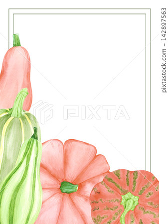 Hand drawn watercolor pumpkins postcard frame border. Illustration isolated on white background. Can be used for autumn and thanksgiving design, cards or invitations Hand drawn watercolor pumpkins postcard frame border. Illustration isolated on white background. Can be used for autumn and thanksgiving design, cards or invitations 142897563