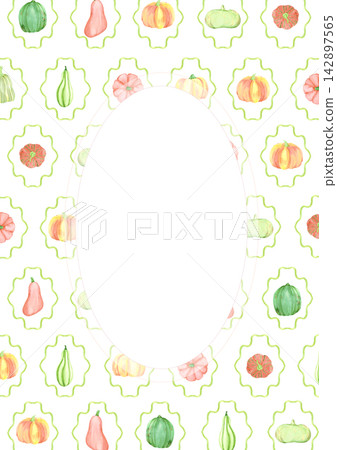 Hand drawn watercolor pumpkins postcard frame border. Illustration isolated on white background. Can be used for autumn and thanksgiving design, cards or invitations Hand drawn watercolor pumpkins postcard frame border. Illustration isolated on white background. Can be used for autumn and thanksgiving design, cards or invitations 142897565