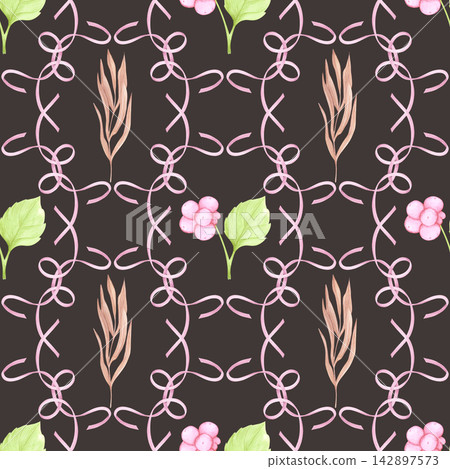 Hand drawn watercolor cranberry and dry herb in pink frame seamless pattern, illustration isolated on dark background. Can be used for textile, fabric, wrapping Hand drawn watercolor cranberry and dry herb in pink frame seamless pattern, illustration isolated on dark background. Can be used for textile, fabric, wrapping 142897573