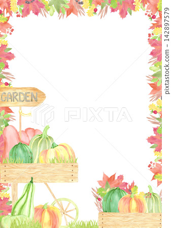 Hand drawn watercolor harvest garden card frame border. Autumn illustration isolated on white background. Can be used for thanksgiving invitation, card or other autumn design. Hand drawn watercolor harvest garden card frame border. Autumn illustration isolated on white background. Can be used for thanksgiving invitation, card or other autumn design. 142897579
