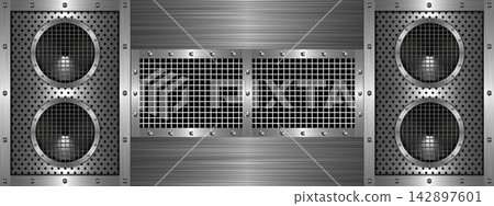 Futuristic audio speakers and silver metal panel industrial technology abstract design 142897601