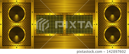 Futuristic audio speakers and gold metal panel industrial technology abstract design Futuristic audio speakers and gold metal panel industrial technology abstract design 142897602