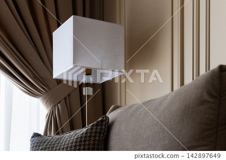 Modern living room interior detail with floor lamp and sofa Modern living room interior detail with floor lamp and sofa 142897649
