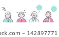 描繪四位老年女性感到擔憂或焦慮的插圖。 142897771