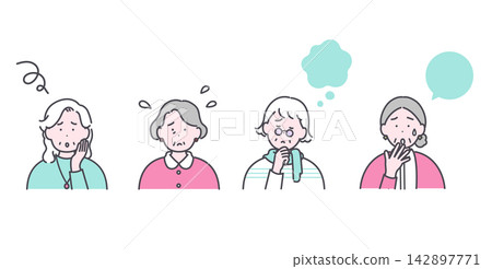 Illustrations of four senior women feeling worried or anxious. Illustrations of four senior women feeling worried or anxious. 142897771