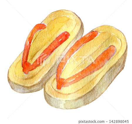 Watercolor illustration, hand-drawn illustration, sandals with red straps. Watercolor illustration, hand-drawn illustration, sandals with red straps. 142898045