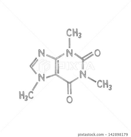 Caffeine molecule structure 1,3,7 - trimethylxanthine hand drawn illustration. Graphite pencil sketch style isolated from background. Concept of science, chemistry, education and coffee energy Caffeine molecule structure 1,3,7 - trimethylxanthine hand drawn illustration. Graphite pencil sketch style isolated from background. Concept of science, chemistry, education and coffee energy 142898179