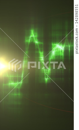 Glowing green electric waveform with luminous pulses and sharp energy peaks on a dark technological background. Glowing green electric waveform with luminous pulses and sharp energy peaks on a dark technological background. 142898551