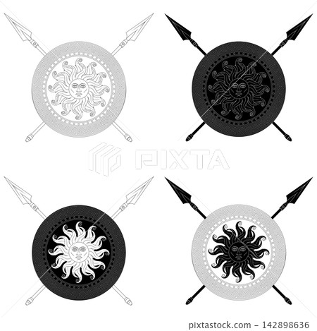 Linear Greek Shield Sun Spears Linear Greek Shield Sun Spears 142898636
