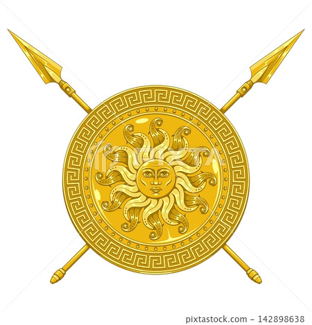 Greek Shield Golden Sun Spears Greek Shield Golden Sun Spears 142898638