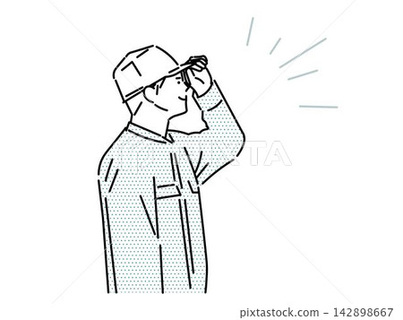 An illustration of a man in work clothes with his hand on his hat, smiling and gazing into the distance. An illustration of a man in work clothes with his hand on his hat, smiling and gazing into the distance. 142898667